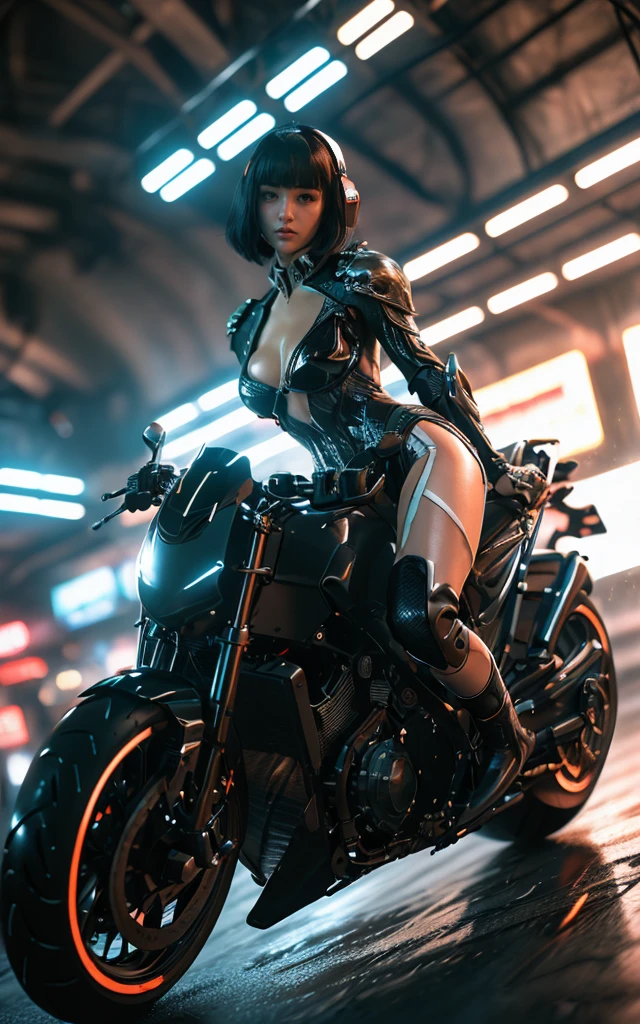 Alien technology fashion , fashion photography , Inspired by Cyberpunk。(best quality,4K,8K,high resolution,masterpiece:1.2), (Practical,Reality,Photo-real:1.37).masterpiece,Game Art,Best picture quality,最high resolution,8K,,Unreal Engine 5 rendering works,(Digital Photography), 20 year old girl,Short hair details,Long bangs,(The red eye makeup is carefully applied),(Large target, Full breasts),Elegance and nobility,Brave and charming,（Half-length photo）（Riding a big sci-fi cool motorcycle)（Exaggerated sci-fi avant-garde motorcycle） (The future armor combines the characteristics of Chinese armor,hollow-carved design,Power Armor,Mysterious oriental runes,Exquisite clothing patterns,Magic Flash),Future Warrior,Cyberpunk Characters,War Background, light，Ray Tracing，Game CG，((3D Unreal Engine))，OC rendering reflection mode，blur background
