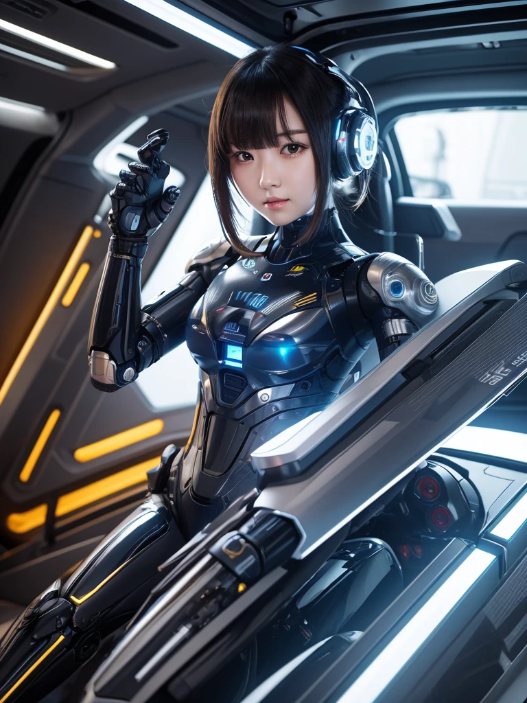 masterpiece, Highest quality, Very detailed, 8K Portrait,japanese android girl,Plump , Control panel,Robotic arms and legs, Blunt bangs,Charging Spot,She recharged her energy,She's an exhibit,Museum Hall,blue eyes