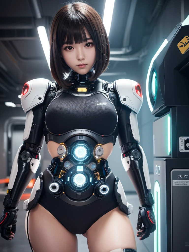 masterpiece, Highest quality, Very detailed, 8K Portrait,japanese android girl,Plump , Control panel,Robotic arms and legs, Blunt bangs,Charging Spot,She recharged her energy,She's an exhibit,Museum Hall,blue eyes