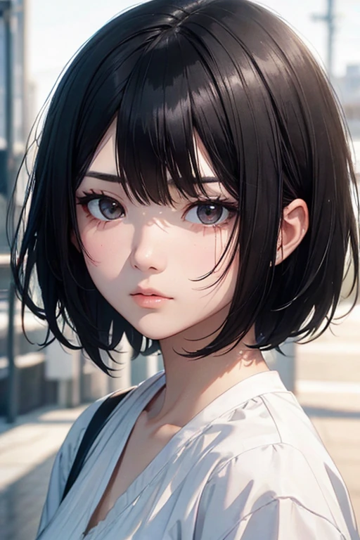 black hair, short hair, expressionless, depth of field, UHD, best quality, masterpiece