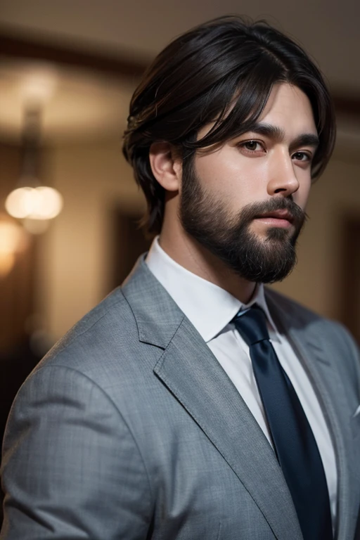 、Boy with brown hair、beard、wearing a suit and a tie、A photo in which the body and head are in line, Face the photo towards the viewer, The eye is fixed on the lens, In the photo you can see the shoulders and head, Man in the center of the photo, 8k, Highest quality, Tabletop, Realistic, Realistic photo, photograph, ultra Realistic,  Perfect lighting, dsrl, Professional photos, 4K Muscle