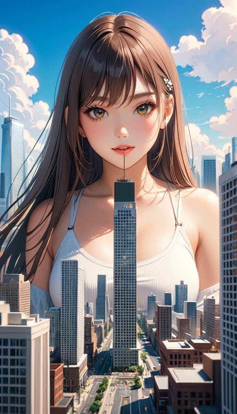 1girl,solo,portrait display,city,sky,giantess,building,