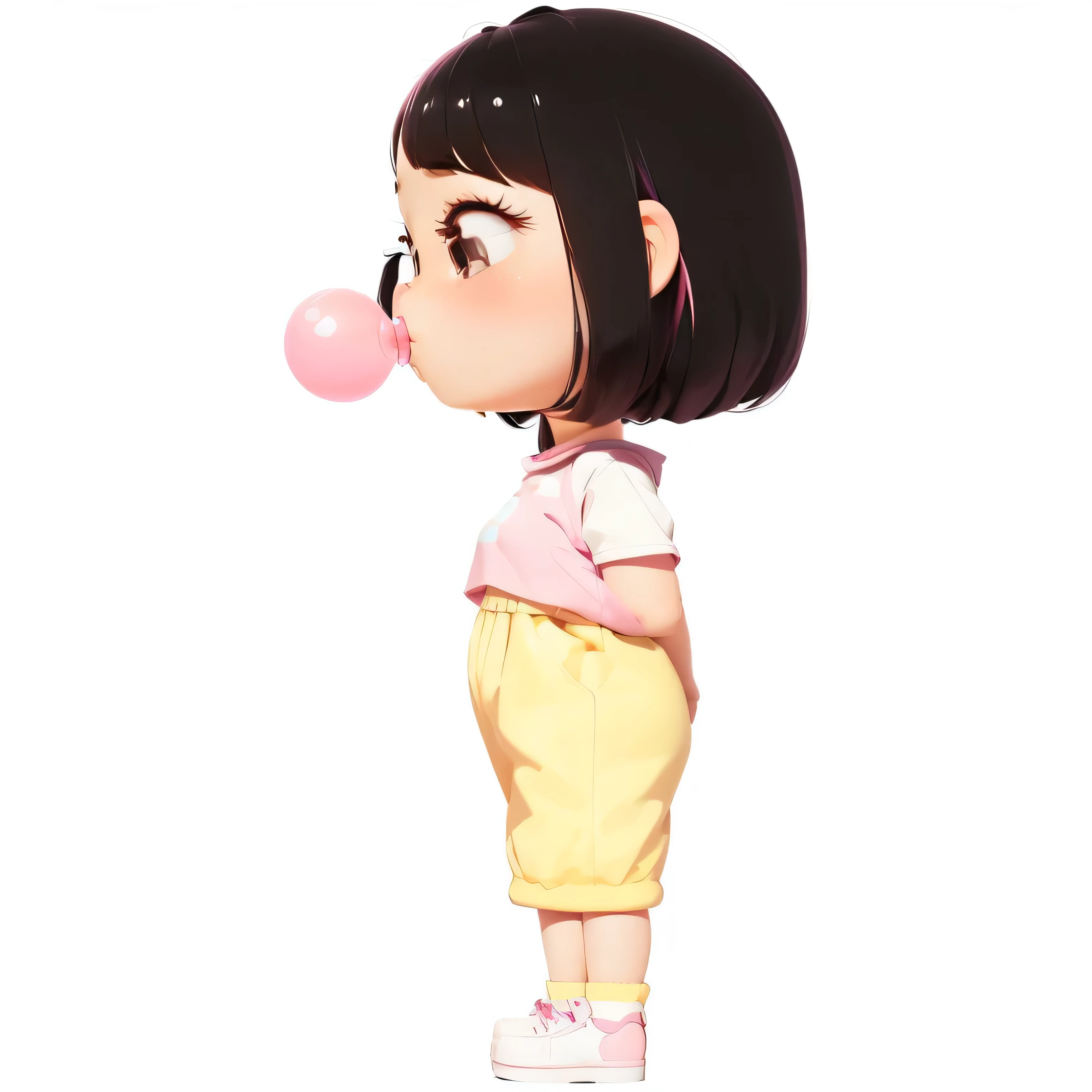 cartoon girl blowing a bubble with a pink bubble in her mouth, cute cartoon character, blowing bubblegum,Stereo,3d,Lovely characters, Cute Pixar characters, bubble gum, Bubbly, bubble, cute cartoon style, Character in a natural pose, Profile portrait of cute girl, Lovely art style, cute cartoon, pixar Lovely characters design, bubbles, cute cartoon, Animated Characters
