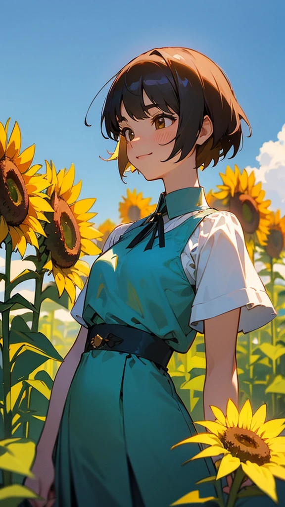  master piece, best quality, for below, cinematic angle, upper body , pigeon toed,  
Anime-style Moe illustration, summer vacation theme, 20-year-old 4womans holding a bouquet of sunflowers, short hair, country dress, slightly inner thighs, smile, accurate drawing, Active pose,