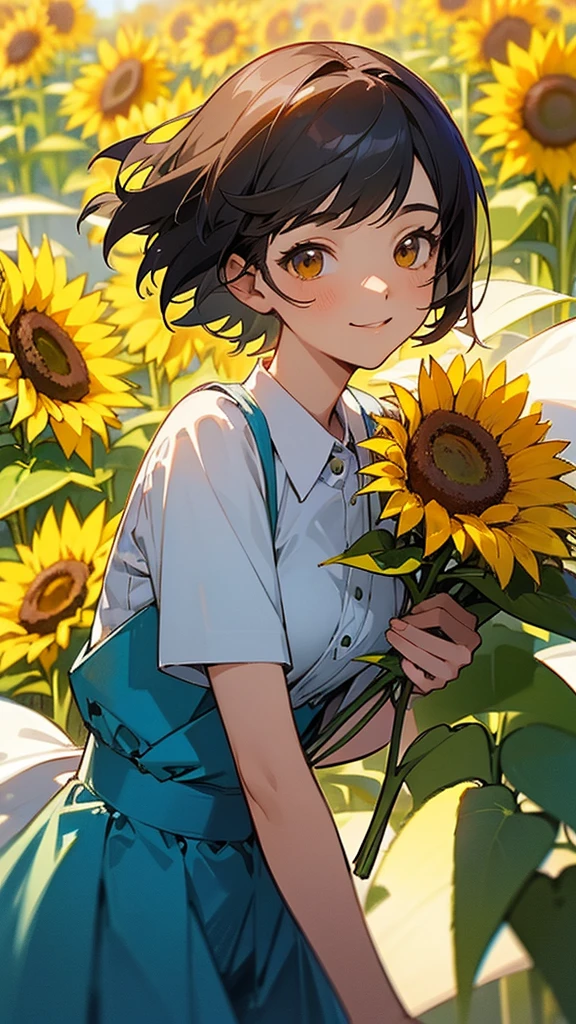  master piece, best quality, for below, cinematic angle, upper body , pigeon toed,  
Anime-style Moe illustration, summer vacation theme, 20-year-old 4womans holding a bouquet of sunflowers, short hair, country dress, slightly inner thighs, smile, accurate drawing, Active pose,