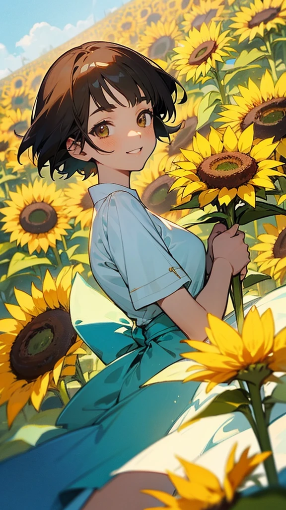  master piece, best quality, for below, cinematic angle, upper body , pigeon toed,  
Anime-style Moe illustration, summer vacation theme, 20-year-old 4womans holding a bouquet of sunflowers, short hair, country dress, slightly inner thighs, smile, accurate drawing, Active pose,