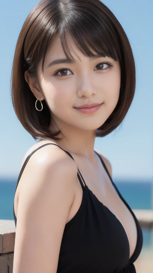 ((Standing on a hill overlooking the sea)),(masterpiece)、(Highest quality:1.5)、(Photorealistic:1.2)、(Surreal), (High resolution), (Realistic), (Post-processing),(Sharp focus), Sharp focus:1.2,Backlight, (Improvement of quality:1.4), (Narrow waist)、((Perfectly detailed five-fingered hands)),(Anatomically correct body)、((1 female:1.4))、Japanese、Realistic Skin、(Small chest:1.4)、Bust size is A cup、A pretty woman with a slender figure:1.4,(from the front:1.5), (Enhances the beauty of skin texture:1.1),No makeup、美しいBlack Hair、smile、Natural color lip、(Small Mouth:1.4)、The mouth is not open、Thick lips、(Oval Face)、Even bangs、Hide eyebrows with bangs、((33-year-old woman))、Bob Hair、Hair blowing in the wind, (Black Hair, Iris, Watery eyes, Shining Eyes, Bob cut hair,), Hair behind the ear、No makeup、(Drooping eyes)、(((One lovely woman)),((優しい大きなsmile)),(( Small breasts,Small breastsの谷間)),((((Plump Cheeks)))),very cute,(Baby Face),Raccoon face,