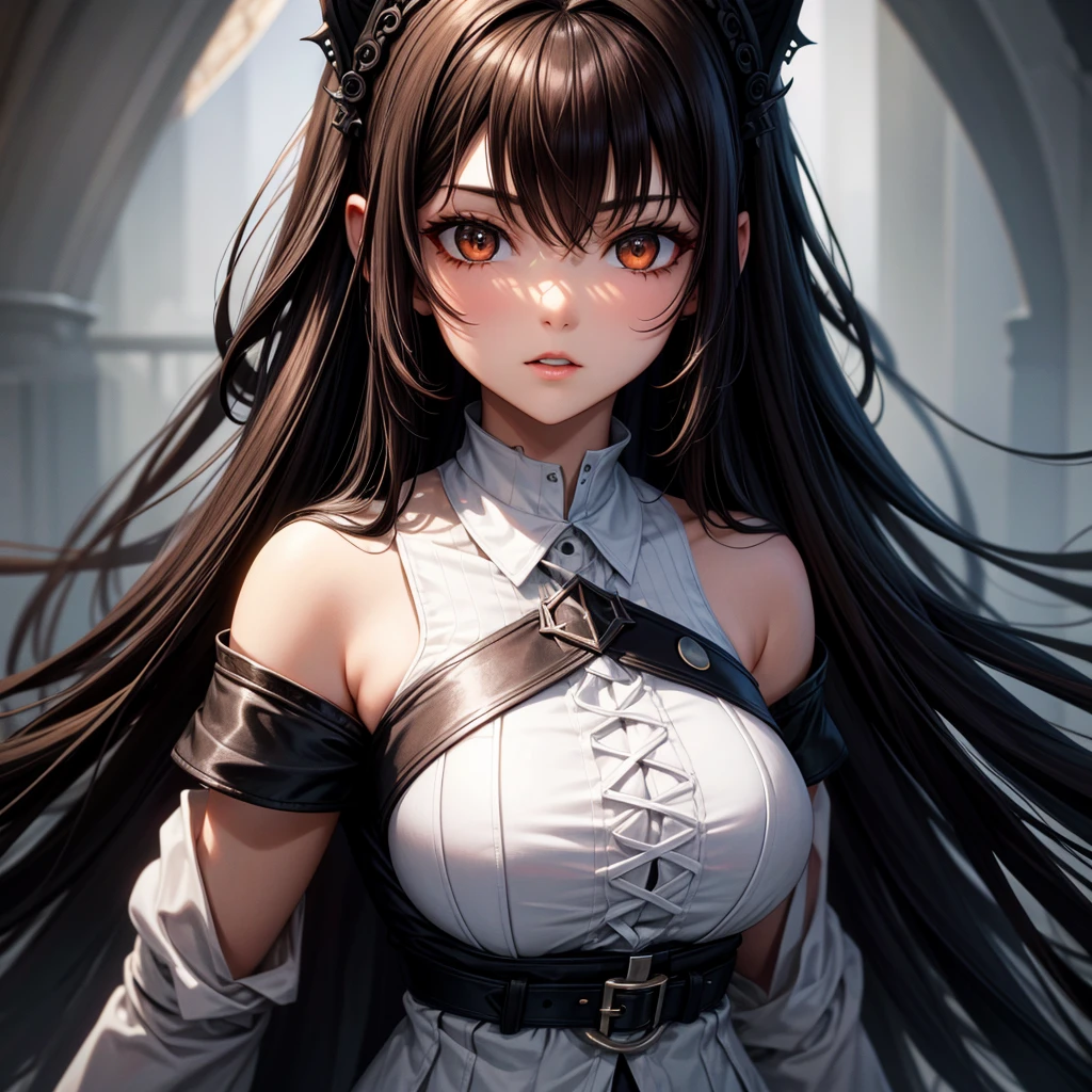 long dark hair / big tits / brown eye / goth / in white background
