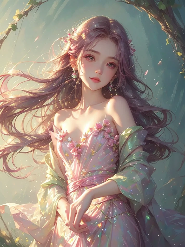 High quality, high resolution, beautiful girl with long hair, pink hair and pink eyes, princess, pink dress, pink transparent shawl on shoulder, Korean glitter eye makeup, very delicate makeup, shiny hair, fantastic, fantasy art, angel smile, fantastic flower field