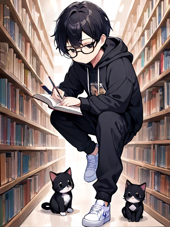 1 Men,Chibi Full Bobby,Glasses,Black Hair,Book in hand,White sneakers,Black hoodie,Two shots with cats,Troublesome search,