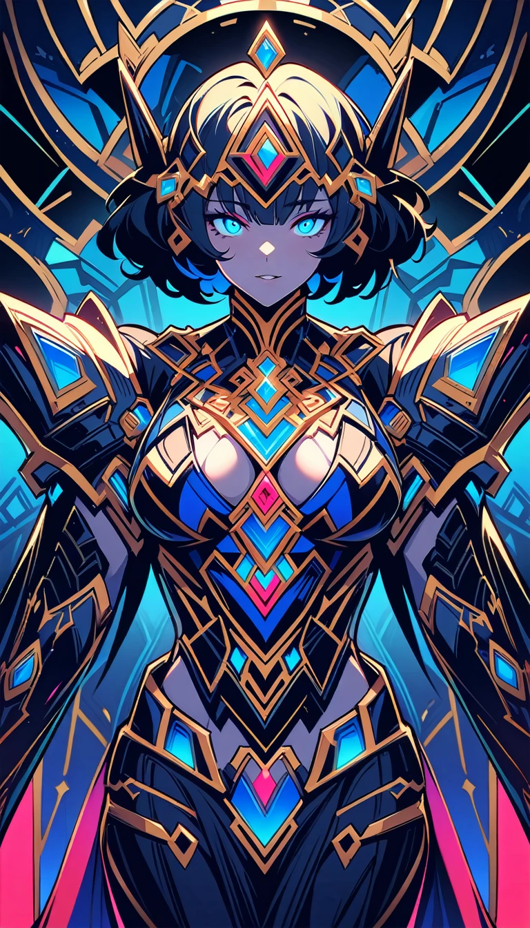 ((best quality)) , ((masterpiece)) , (detailed)，League of Legends Champion Z amidst, with a giant iron armoured body and glowing blue eyes, and an internal mechanical heart displayed on his chest, in the style of fantasy.,art deco style. geometric shapes, bold colors, luxurious, elegant, decorative, symmetrical, ornate, detailed