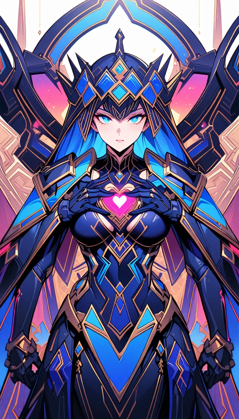 ((best quality)) , ((masterpiece)) , (detailed),League of Legends Champion Z amidst, with a giant iron armoured body and glowing blue eyes, and an internal mechanical heart displayed on his chest, in the style of fantasy.,art deco style. geometric shapes, bold colors, luxurious, elegant, decorative, symmetrical, ornate, detailed