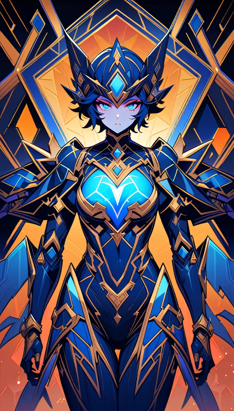 ((best quality)) , ((masterpiece)) , (detailed)，League of Legends Champion Z amidst, with a giant iron armoured body and glowing blue eyes, and an internal mechanical heart displayed on his chest, in the style of fantasy.,art deco style. geometric shapes, bold colors, luxurious, elegant, decorative, symmetrical, ornate, detailed