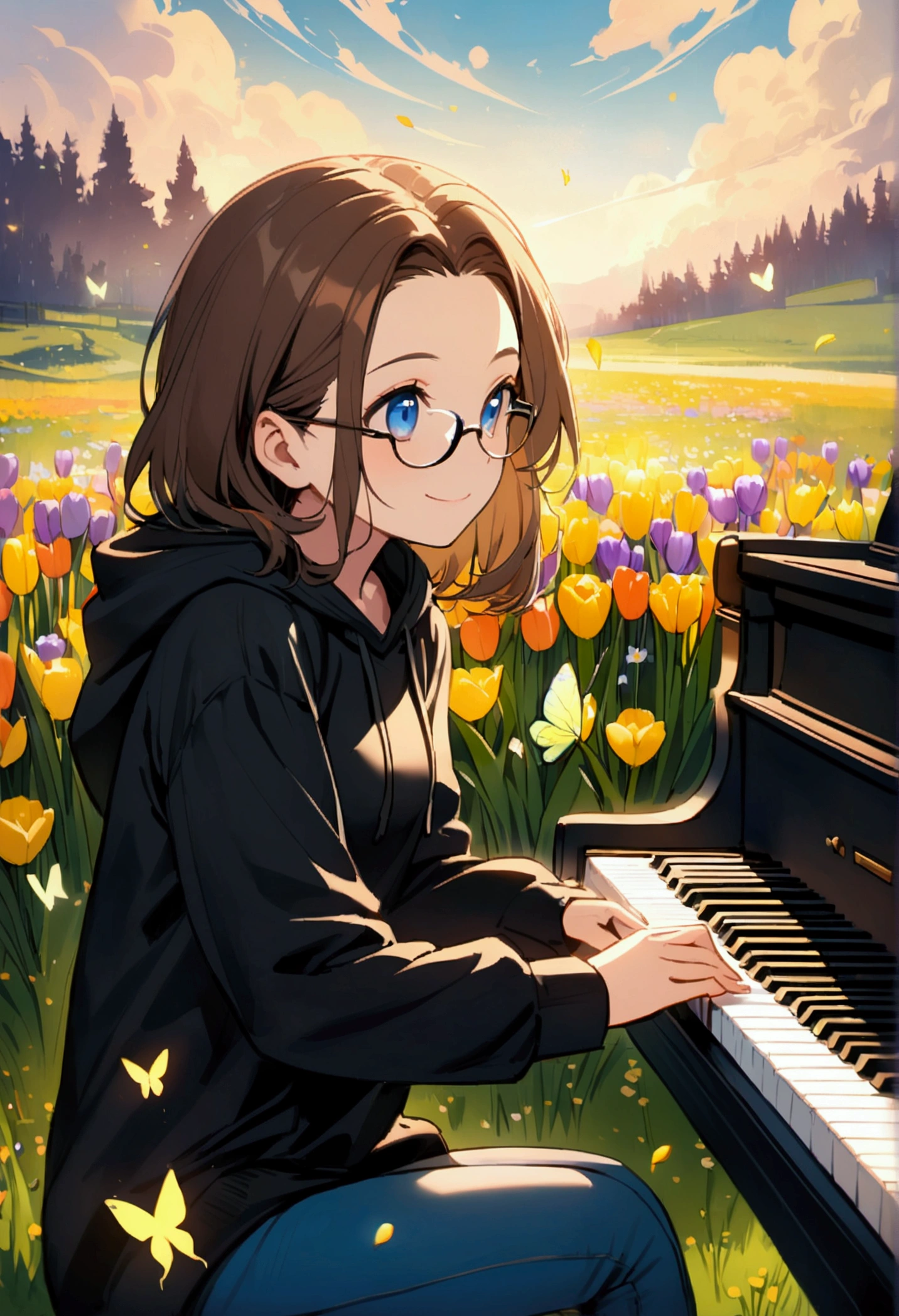 Alone, one person, an anime woman (shoulder-length brown hair, blue eyes, black hoodie, jeans, dark-rimmed glasses, clear forehead, smiling) is sitting and playing a beautiful black piano. Spring. A colorful spring meadow in the background with crocus, daffodils and tulips. Lots of Beautiful butterflies fly in the air.