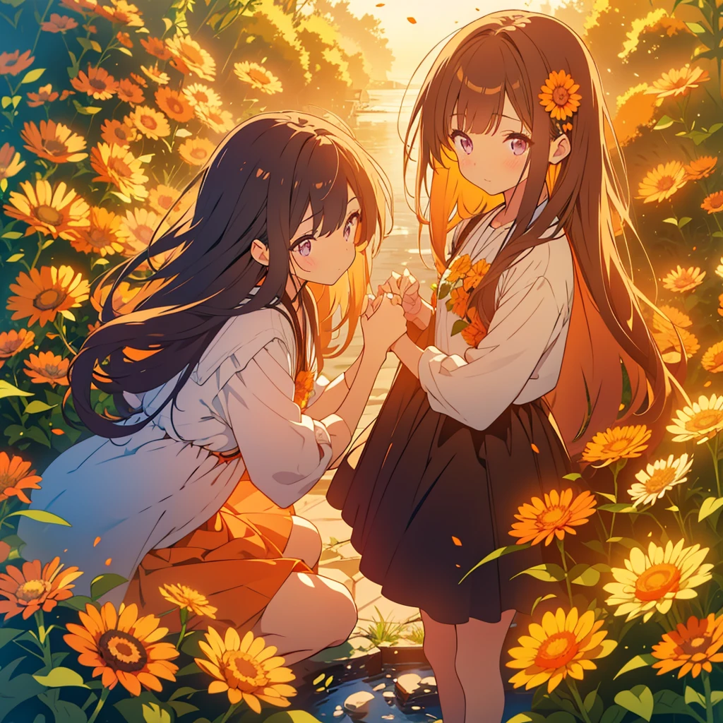 kawaii, anime, Cute, hyper quality, highly detailed, 8k, Clarity, Draw facial expressions in detail, Girl with long dark brown hair and green eyes, Woman with long light pink hair and purple eyes looking back, A small, short, dark orange calendula spreads out at my feet., A hill with small, short, dark orange calendula growing in clusters at its feet., Inciting point of view, Deep orange calendula petals are dancing, back to back, look down with a sad expression, whole body, draw two people, small calendula at my feet, small Calendula officinalis at my feet, dress, farewell, Loneliness, sadness of parting, Sad, broken heart, A flower garden spreads out at your feet,