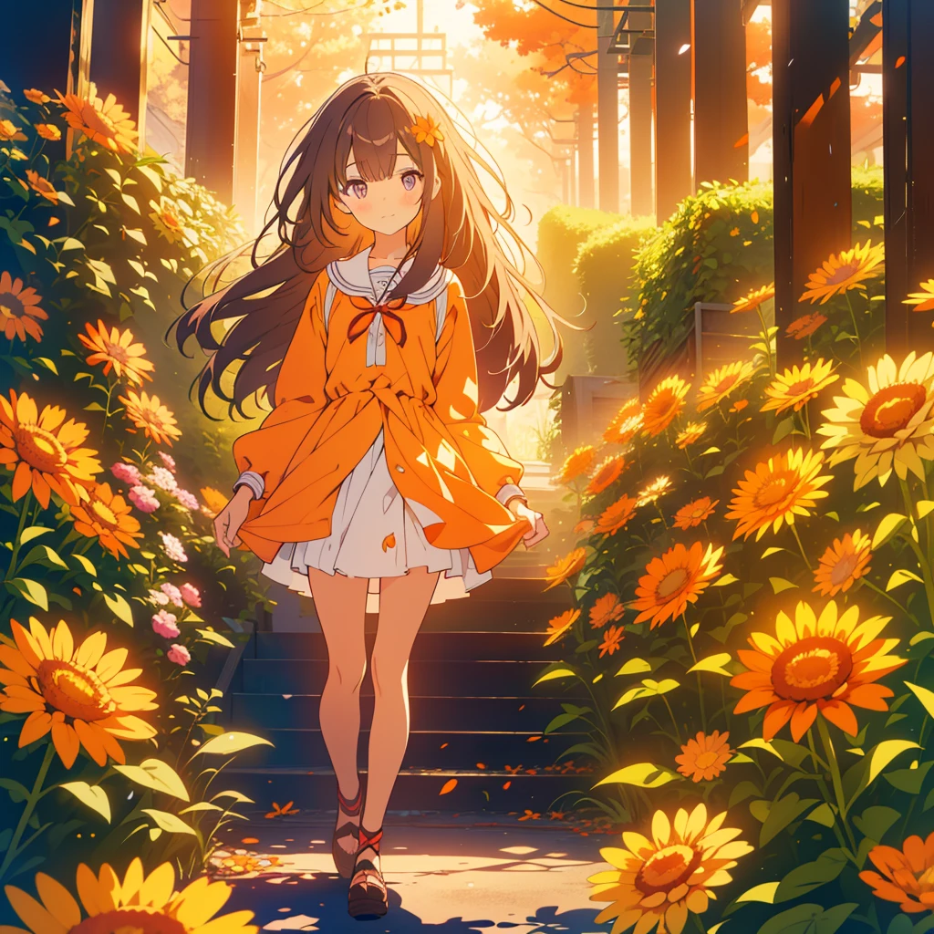 kawaii, anime, Cute, hyper quality, highly detailed, 8k, Clarity, Draw facial expressions in detail, Girl with long dark brown hair and green eyes, Woman with long light pink hair and purple eyes looking back, A small, short, dark orange calendula spreads out at my feet., A hill with small, short, dark orange calendula growing in clusters at its feet., Inciting point of view, Deep orange calendula petals are dancing, back to back, look down with a sad expression, whole body, draw two people, small calendula at my feet, small Calendula officinalis at my feet, dress, farewell, Loneliness, sadness of parting, Sad, broken heart, A flower garden spreads out at your feet,