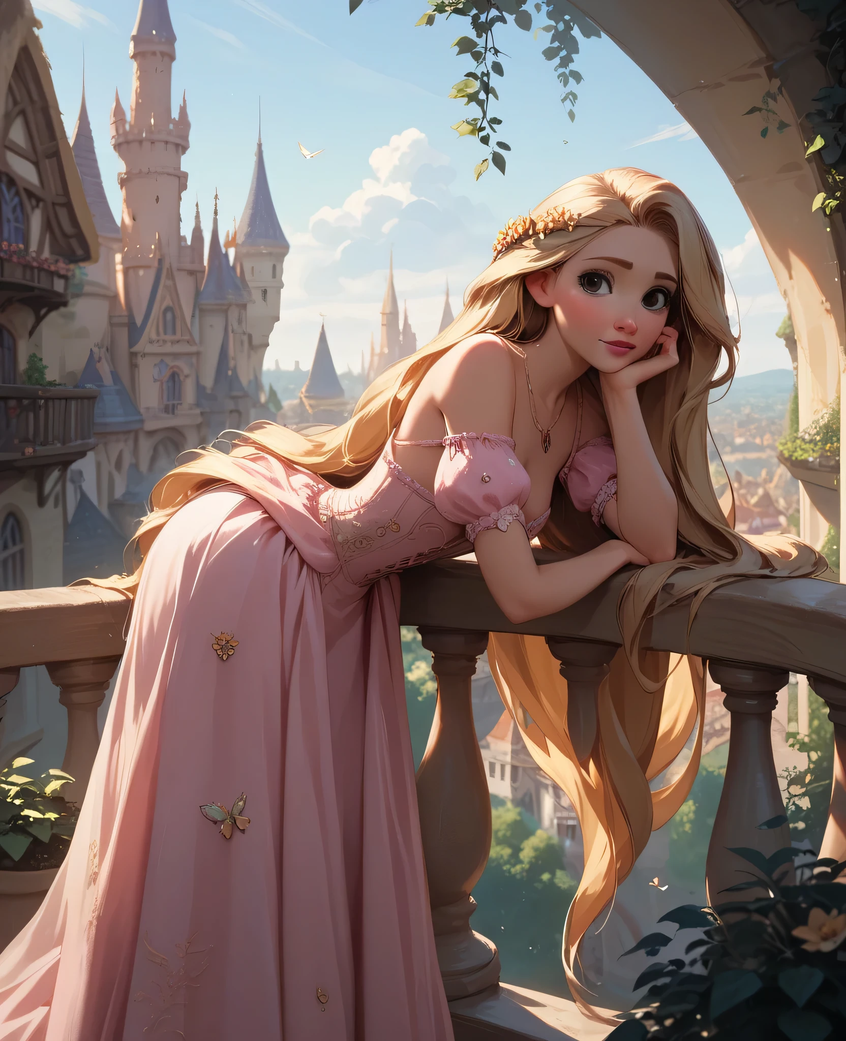 score_9, score_8_up, score_7_up, score_6_up, best quality, 1girl, large hips, small waist, Big Titty Rapunzel, on a tower, balcony, long hair, hair hanging down the tower, blonde, fairy tell princess dress, cleavage, leaning on the balcony