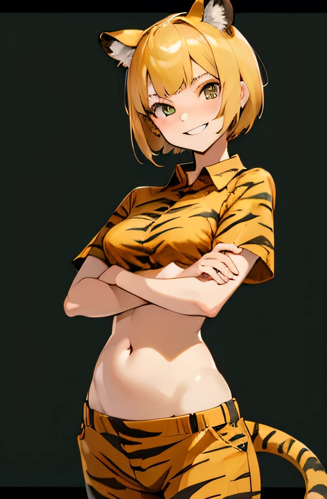 high resolution、High definition、1 cute girl with tiger ears and tail、front、Cross your arms、Elegant figure、woman、Age 25、Very short hair、Short hairstyle、Golden Hair、A smiling smug face、Black Aloha Shirt、Belly button、Groin、Low rise