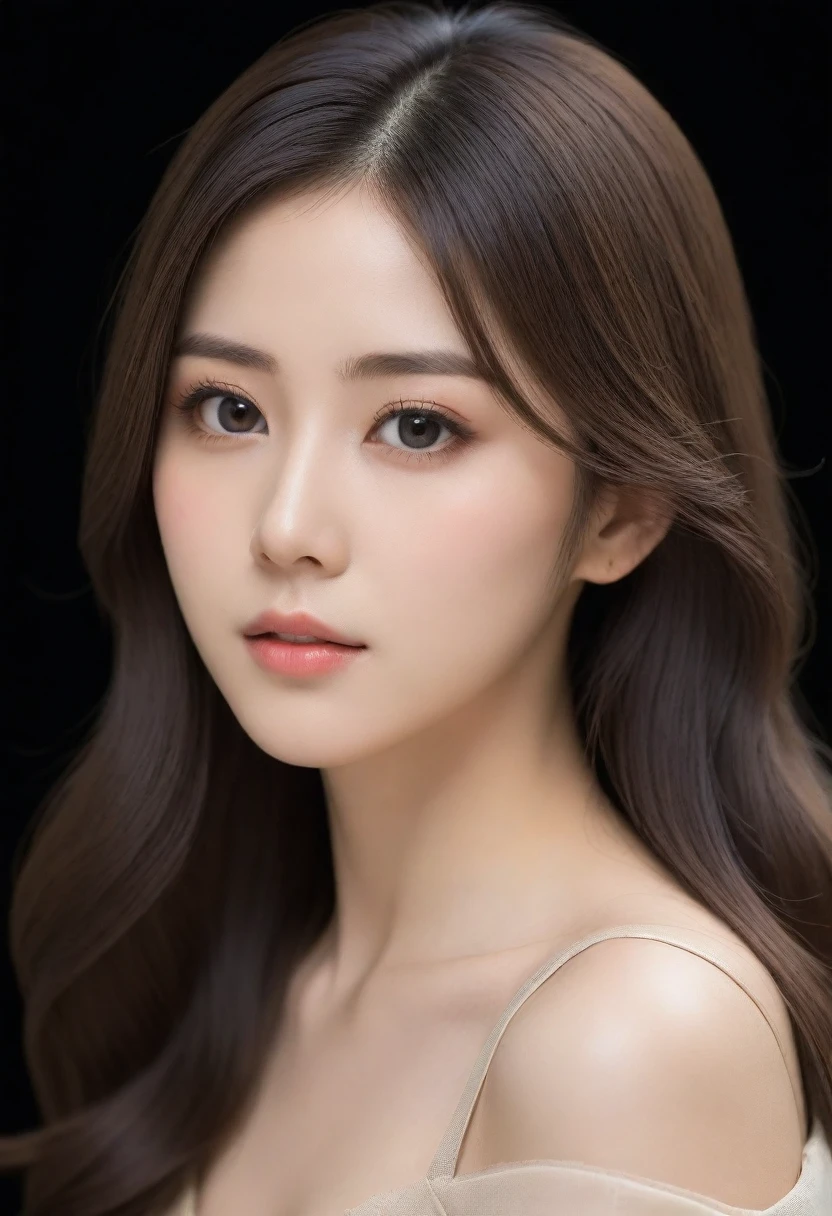 beautiful Japanese woman with long hair and an elegant profile picture is wearing beige . She has fair skin, big eyes, delicate facial features,with a matte photo on a light black background
