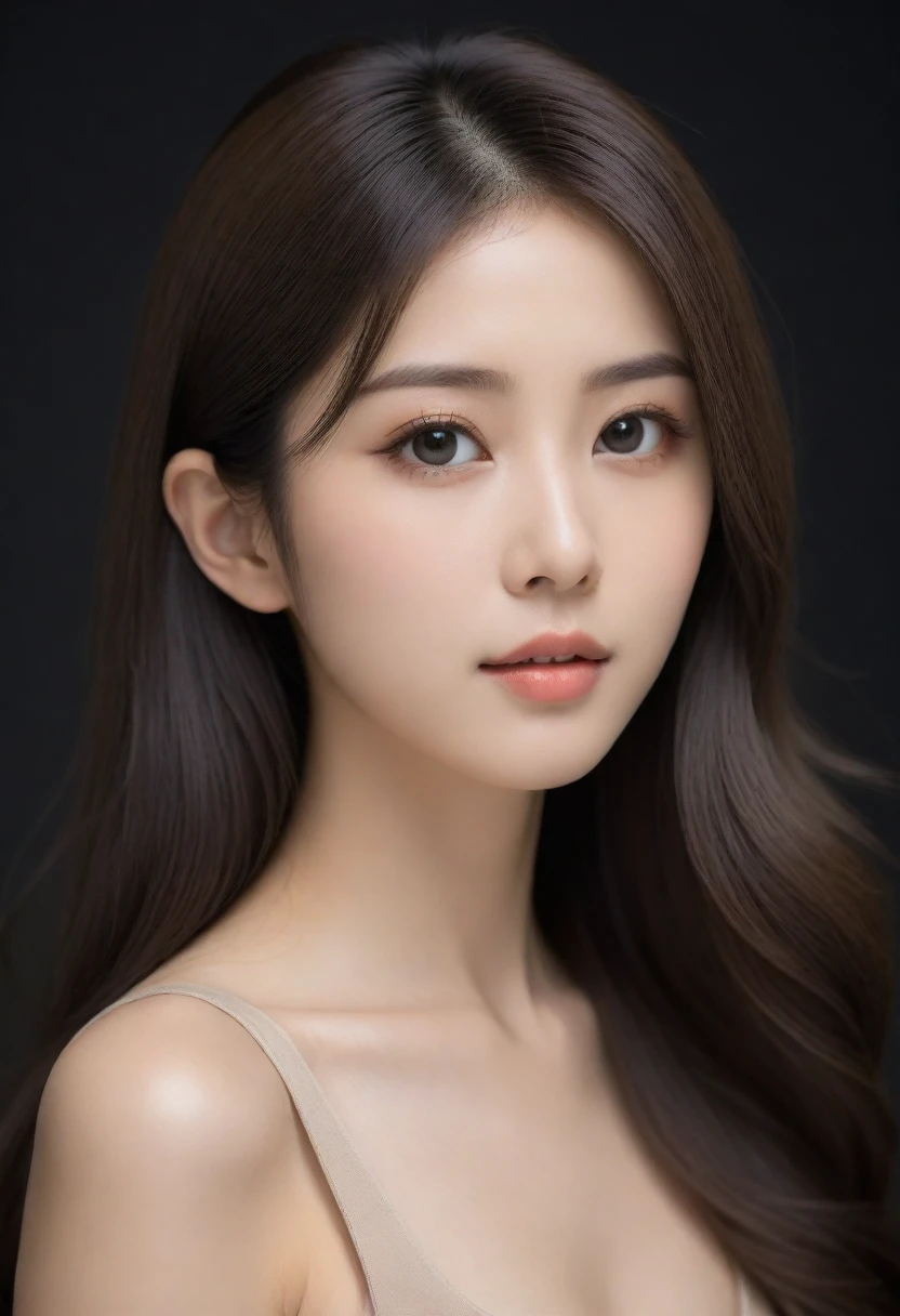 beautiful Japanese woman with long hair and an elegant profile picture is wearing beige . She has fair skin, big eyes, delicate facial features,with a matte photo on a light black background