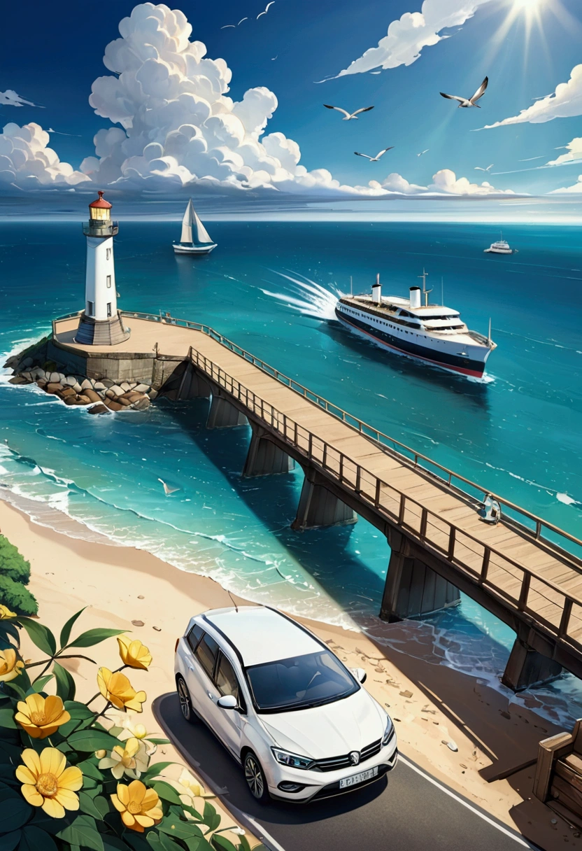 (masterpiece, Highest quality: 1.1), Bird&#39;s Eye View, Asymmetric, blue sea, Low tide, Ocean Waves, Sea route, Coastal Road, Sandy Beach, shell, Bridge pier, Yacht, boat, Ship wake, shipwrecks, steamboat, 飛行機cloud, car, tourist, Lighthouse, Seagull , horizon, Wind, summer, Have, morning, sunny, cloud, Calm, fresh air, Depth of written boundary