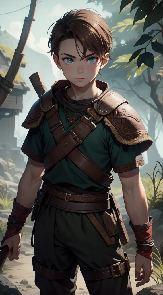 young boy, Atreus (God of War), brown hair, Cyan eyes, Hunter's clothes, Viking, Masterpiece, hiquality, high detail, HD, 4k