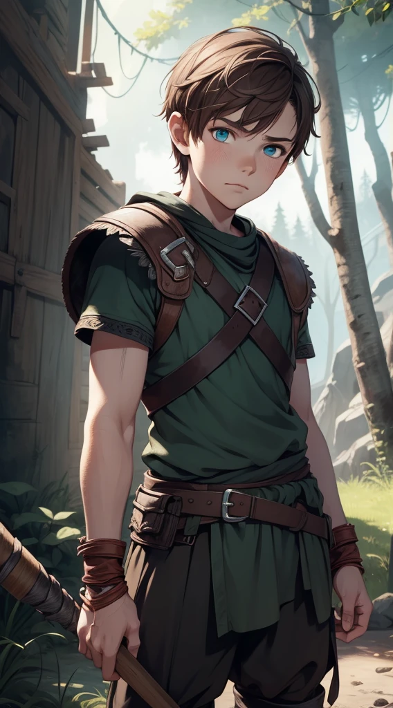 young boy, Atreus (God of War), brown hair, Cyan eyes, Hunter's clothes, Viking, Masterpiece, hiquality, high detail, HD, 4k