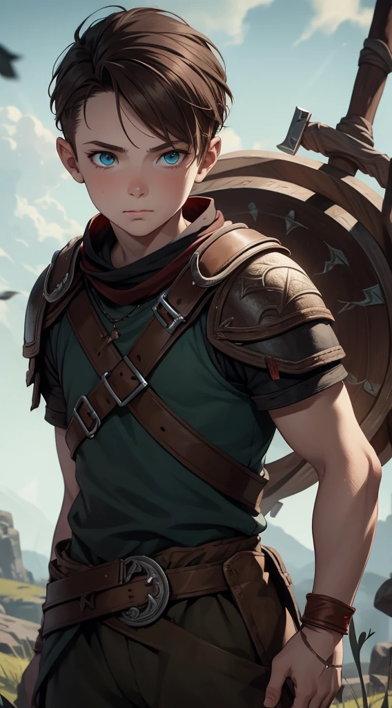 young boy, Atreus (God of War), brown hair, Cyan eyes, Hunter's clothes, Viking, Masterpiece, hiquality, high detail, HD, 4k
