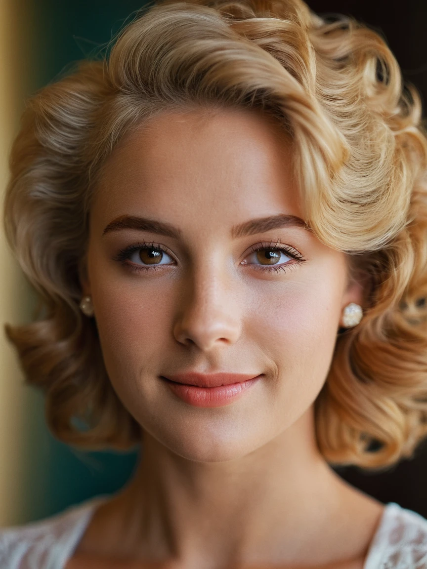 masterpiece, best quality, 1woman, posing, (Beautiful face), vivid makeup, curly blonde hair, very detailed, (smile like Grace Kelly) (cute face, temptations look), (half-length portrait:1.95), (androgynous:0.52), (normal weight, normal weight body:1), (brown eyes:1.25), (in love, in love expression:0.74), (disheveled:0.18), deep v top, dress, indoor, room, (canon 50 f/1.2 lens bokeh),, (natural skin:0.), (skin details, skin texture:0.57), (skin pores:0.25), (skin imperfections:0.79), (skin imperfections:0.22), (tanned skin:0.26), (dimples:0.21), (eyes details:0.63), (iris details:0.62), (circular iris:0.63), (circular pupil:0.6), (facial asymmetry, face asymmetry:0.24), (rim light from bottom-right:0.51), (fashion photography:1.0), (velvia:1.5), (professional photo, balanced photo, balanced exposure:1.2)