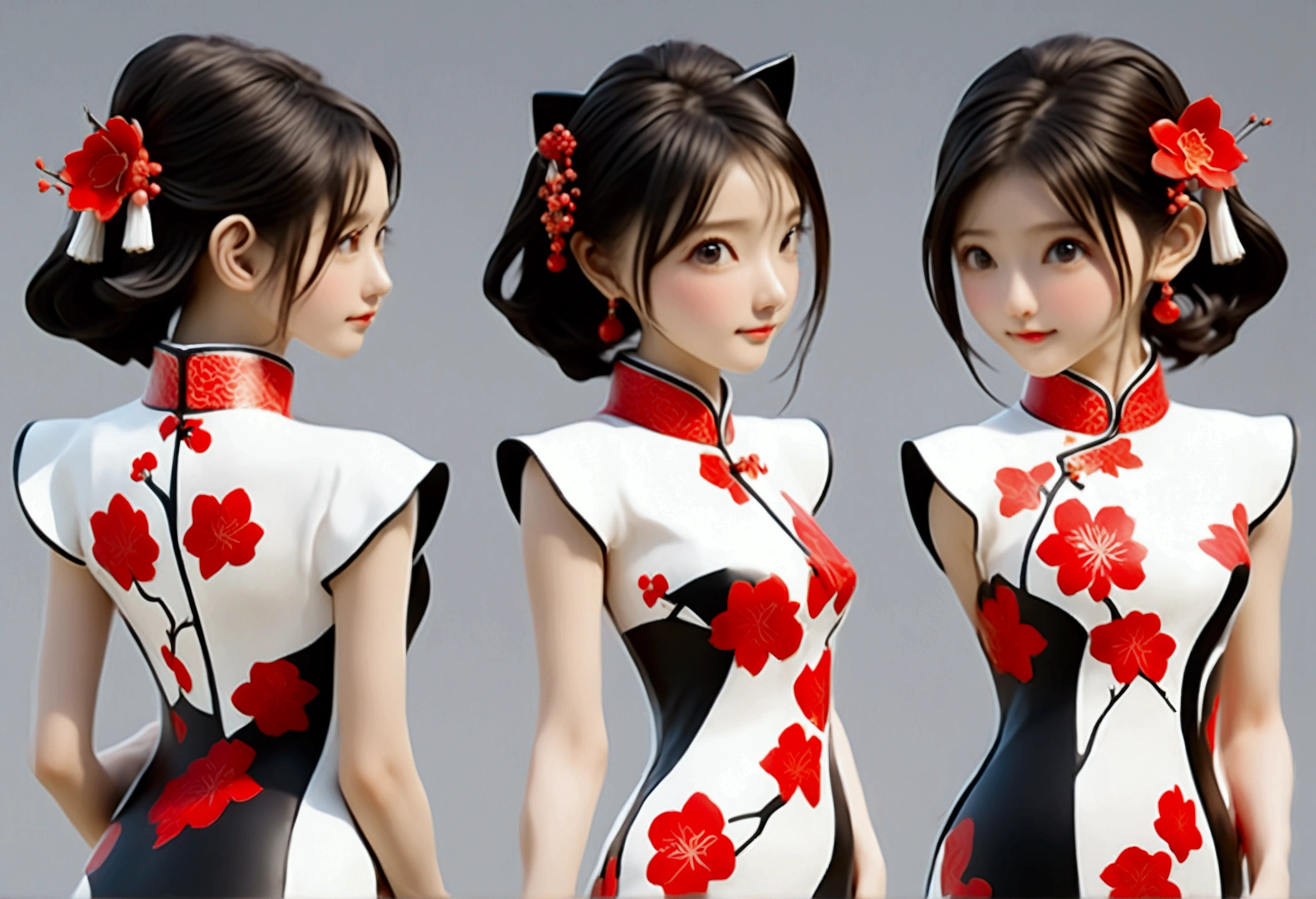 (((Showing the front view of the same 3D character IP figurine design、Side View、Rear view:1.5)))，Young fashionable girl，Wearing a fashionable ink-dyed cheongsam，Ink black and white mixed color Atles silk cheongsam，Uyghur totem cheongsam，Red bougainvillea pattern，Cheongsam style combining ethnicity and fashion，Chinese retro pattern，Cute floral pattern，airplane sleeves，Wide sleeves，Balloon sleeves，Pipa sleeves，Create 3D national trend characters，Delicate bougainvillea pattern，Multi-ethnic cultural integration，Three-dimensional Chinese style，Chinese style 3D character IP figure design，Perfectly proportioned oval face，Film-level ultra-high quality texture，Global Illumination，（Full body styling），((The same 3D character IP figure design with the same clothing and accessories from multiple perspectives，Front view of the same 3D character IP figurine design，同一个3D人物IP手办设计的Side View，同一个3D人物IP手办设计的Rear view))，
