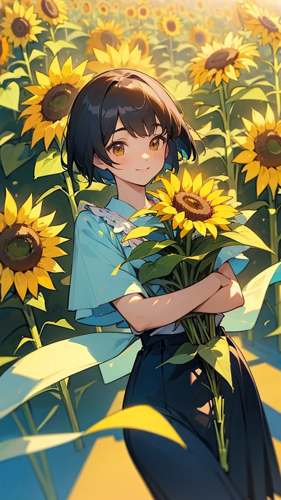  master piece, best quality, for below, cinematic angle, upper body , pigeon toed,  
Anime-style Moe illustration, summer vacation theme, 20-year-old 4womans holding a bouquet of sunflowers, short hair, country dress, slightly inner thighs, smile, accurate drawing, Active pose,