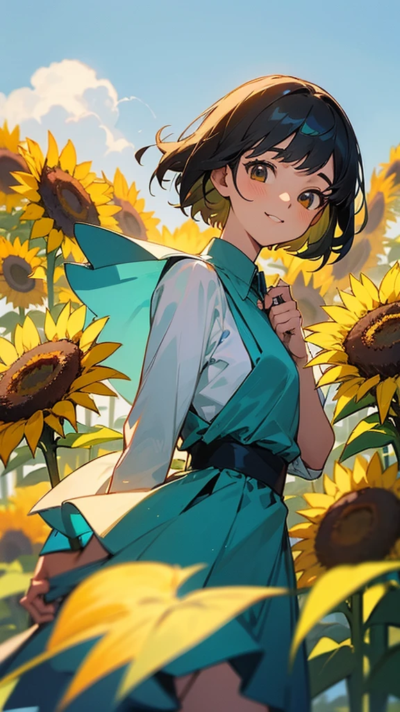 master piece, best quality, for below, cinematic angle, upper body , pigeon toed,
Anime-style Moe illustration, summer vacation theme, 20-year-old 4womans holding a bouquet of sunflowers, short hair, country dress, slightly inner thighs, smile, accurate drawing, Active pose,