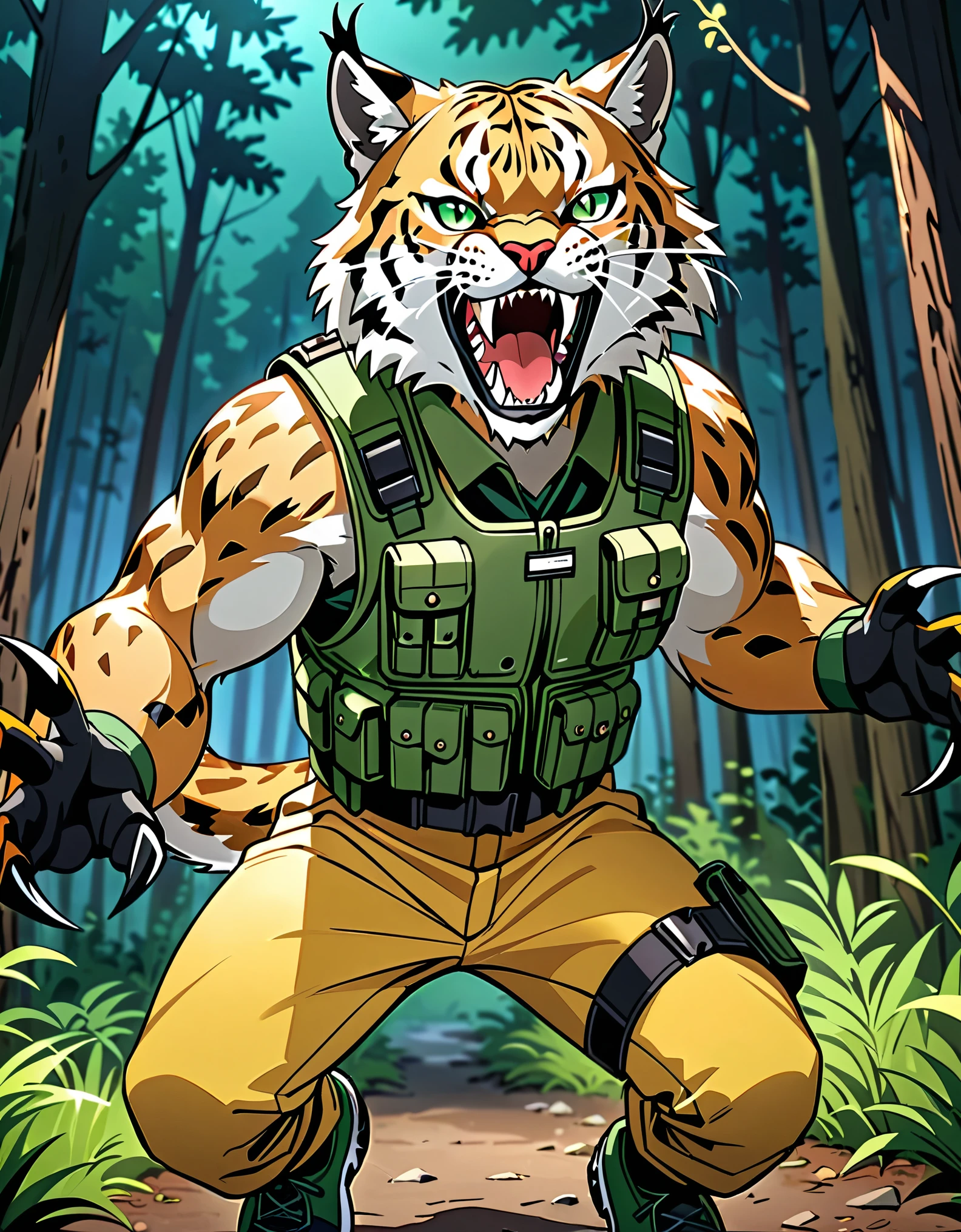 (masterpiece), (best quality), (hires), 1man, solo, solo focus, dynamic pouncing pose, anthropomorphic animal, lynx, emerald eyes, angry, open jaws, animal jaws, sharp teeth, sharp claws, bulletproof vest, shoulder pads, knee pads, yellow pants and uniform, black combat shoes, raised arms, pounces towards viewer, cowboy shot. forest backdrop, nighttime, outdoors.