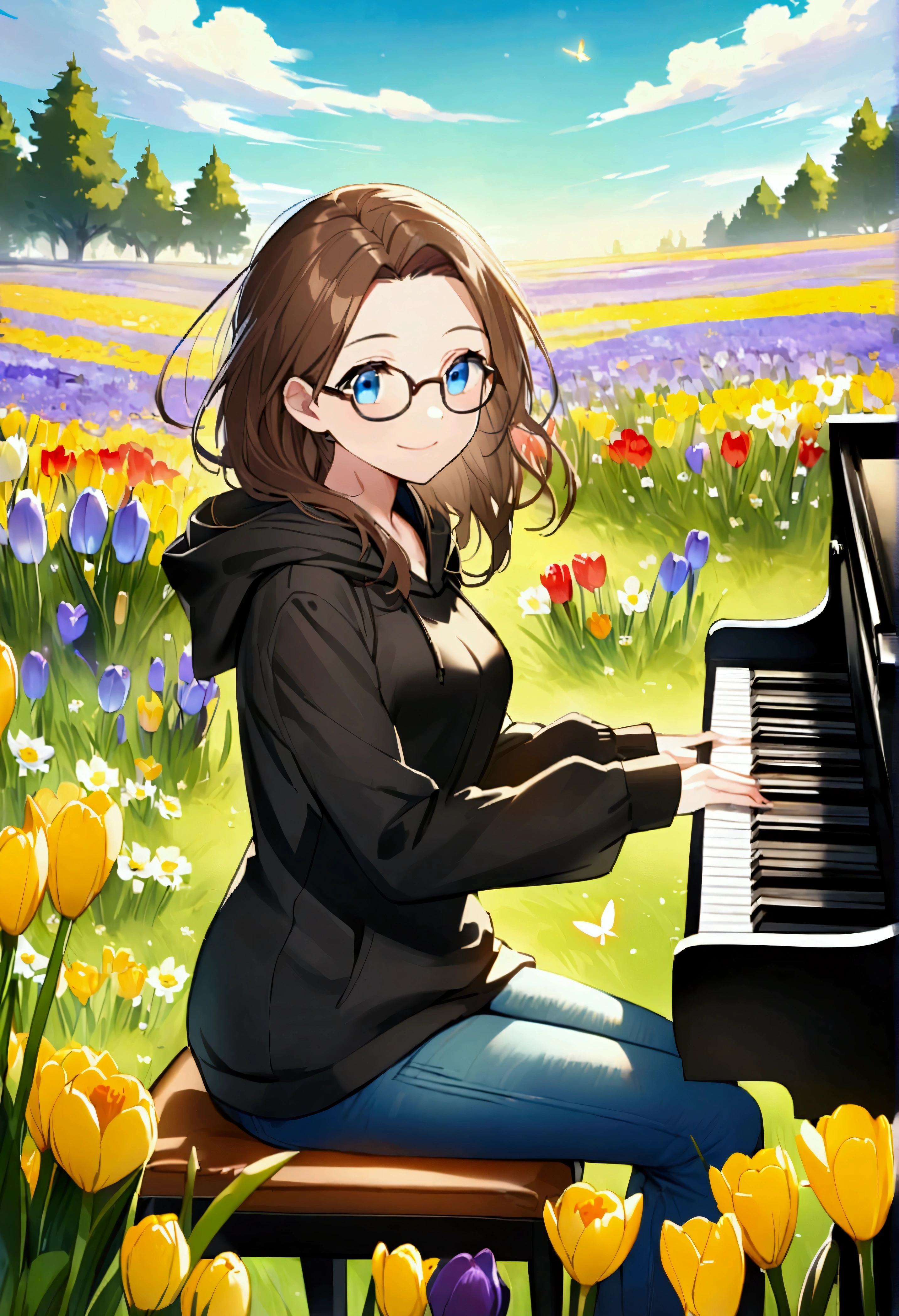 Alone, one person, an anime woman (shoulder-length brown hair, blue eyes, black hoodie, jeans, dark-rimmed glasses, clear forehead, smiling) is sitting and playing a beautiful black piano. Spring. A colorful spring meadow in the background with crocus, daffodils and tulips. Beautiful butterflies fly in the air.