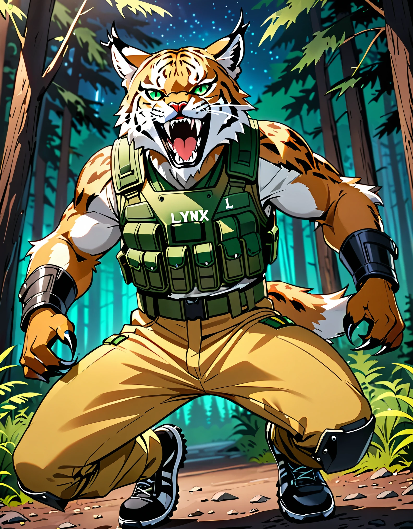 (masterpiece), (best quality), (hires), 1man, solo, solo focus, dynamic pouncing pose, anthropomorphic animal, lynx, emerald eyes, angry, open jaws, animal jaws, sharp teeth, sharp claws, bulletproof vest, shoulder pads, knee pads, yellow pants and uniform, black combat shoes, raised arms, pounces towards viewer, cowboy shot. forest backdrop, nighttime, outdoors.