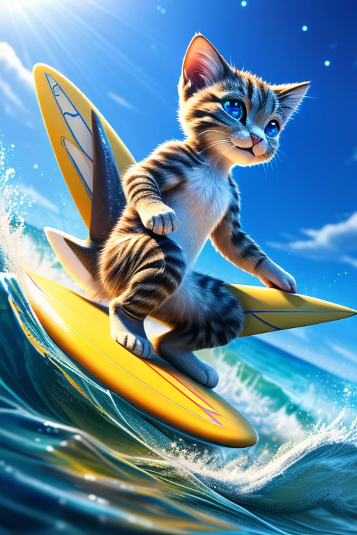 (Highest quality、masterpiece、8k))、Anatomically correct、Very detailed、High resolution、Realistic、((Beautiful, sparkling, detailed eyes))、Intricate details、Cinematic lighting、((Dynamic composition))、kitten、Big head、surfer、surfing、Ride the waves skillfully on one leg on a sharkboard、Midsummer Sea、3 heads