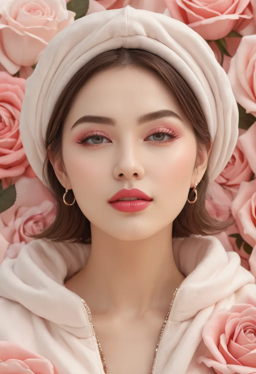 Feminine, high detail and quality, 8K Ultra HD, 3D, beautiful woman, fuller lips, plump, night, mysterious rose, fashion magazine cover, seamless pattern, neutral pastel colors, mysterious off-white world, fabric art, art station, (a large number of detailed designs in pastel style that combine magic and fantasy), splashes, wallpaper design aesthetics, white tones, realistic, super realistic, full color and impressive.