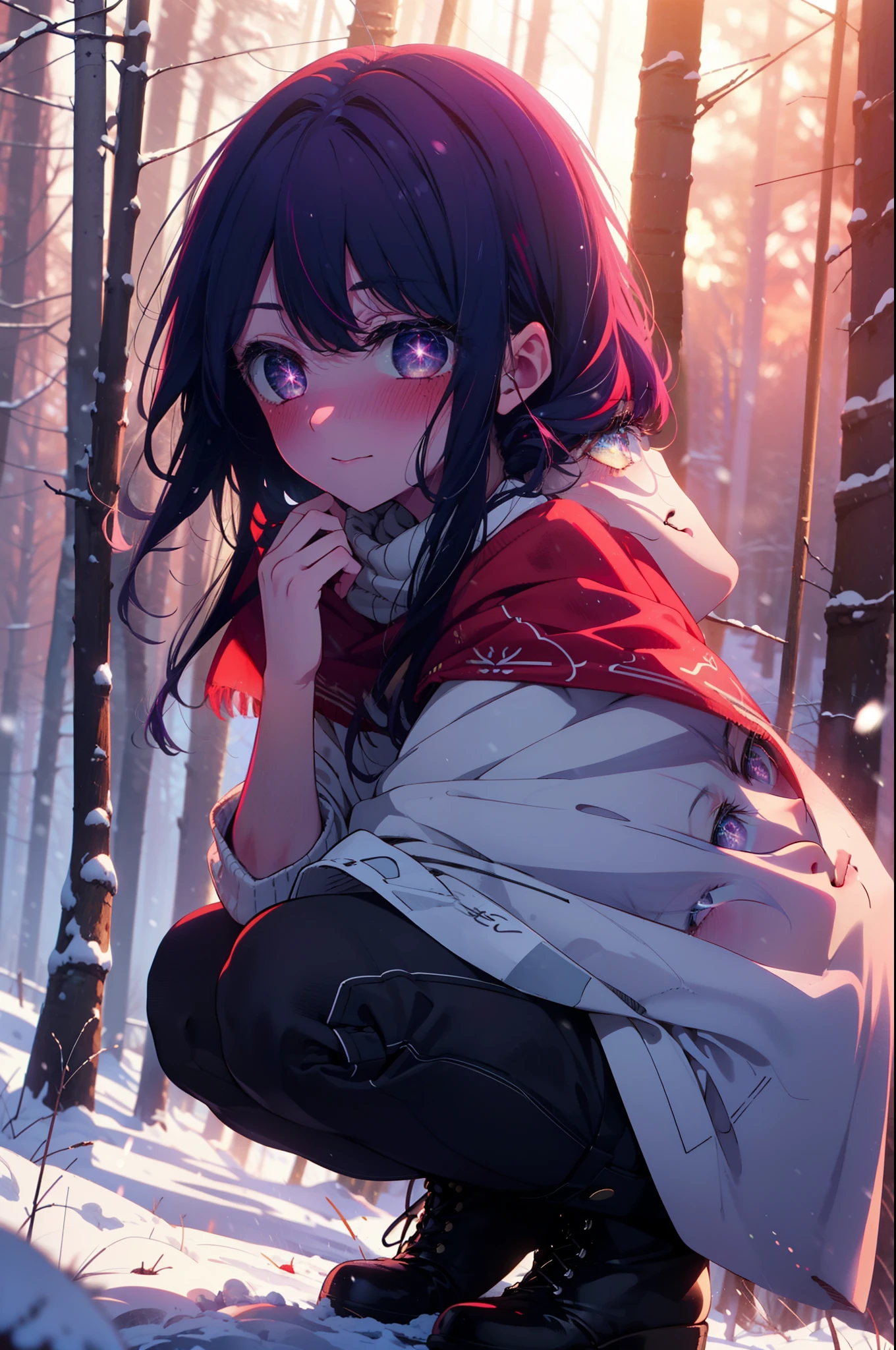 aihoshino, Ai Hoshino, Long Hair, bangs, (Purple eyes:1.1), Purple Hair, (Symbol-shaped pupil:1.5), smile,,smile,blush,white breath,
Open your mouth,snow,Ground bonfire, Outdoor, boots, snowing, From the side, wood, suitcase, Cape, Blurred, , forest, White handbag, nature,  Squat, Mouth closed, Cape, winter, Written boundary depth, Black shoes, red Cape break looking at viewer, Upper Body, whole body, break Outdoor, forest, nature, break (masterpiece:1.2), Highest quality, High resolution, unity 8k wallpaper, (shape:0.8), (Beautiful and beautiful eyes:1.6), Highly detailed face, Perfect lighting, Extremely detailed CG, (Perfect hands, Perfect Anatomy),