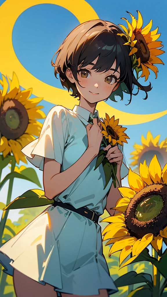 master piece, best quality, for below, cinematic angle, upper body , pigeon toed,
Anime-style Moe illustration, summer vacation theme, 20-year-old 4womans holding a bouquet of sunflowers, short hair, country dress, slightly inner thighs, smile, accurate drawing, Active pose,