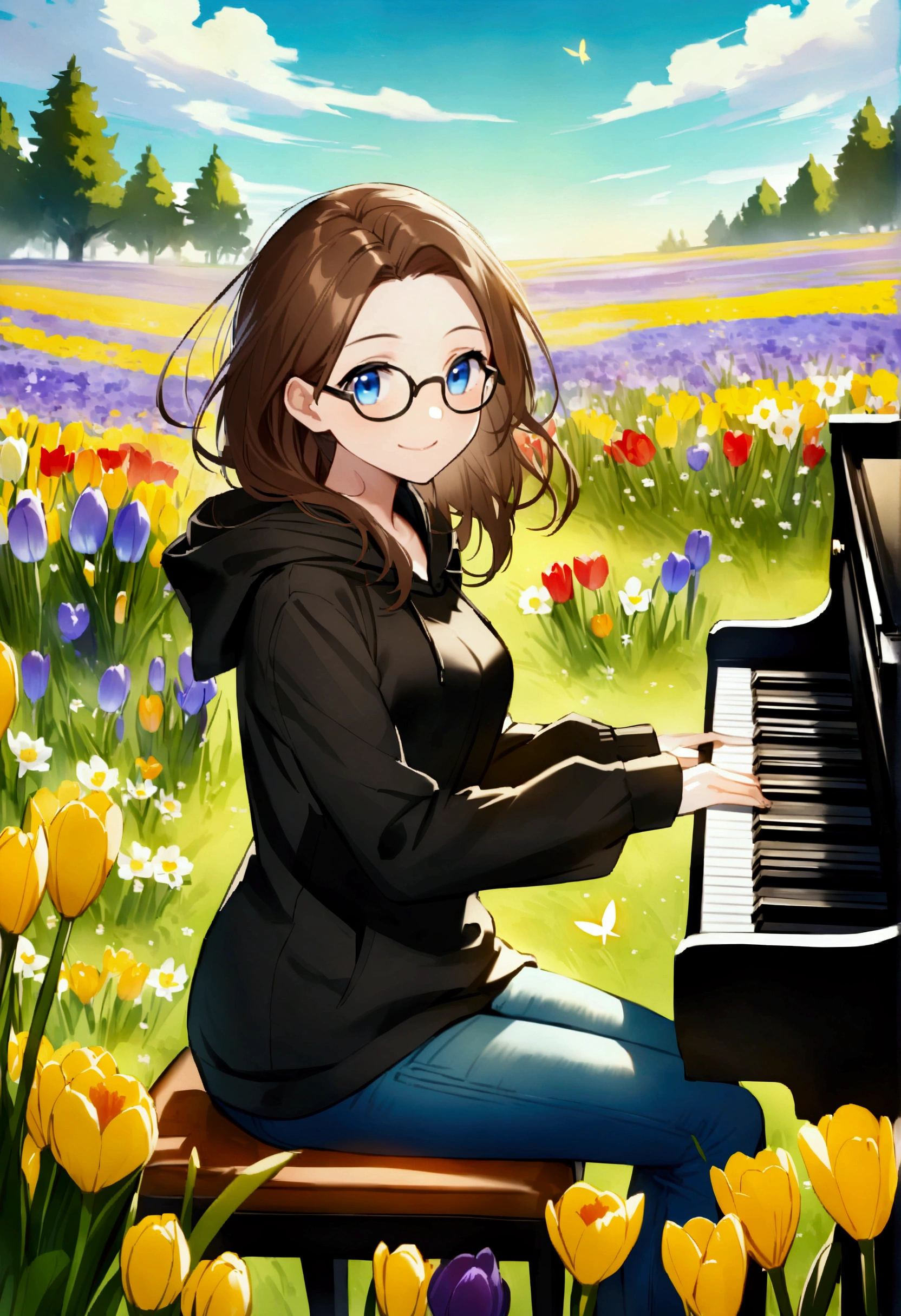 Alone, one person, an anime woman (shoulder-length brown hair, blue eyes, black hoodie, jeans, dark-rimmed glasses, clear forehead, smiling) is sitting and playing a beautiful black piano. Spring. A colorful spring meadow in the background with crocus, daffodils and tulips. Beautiful butterflies fly in the air.