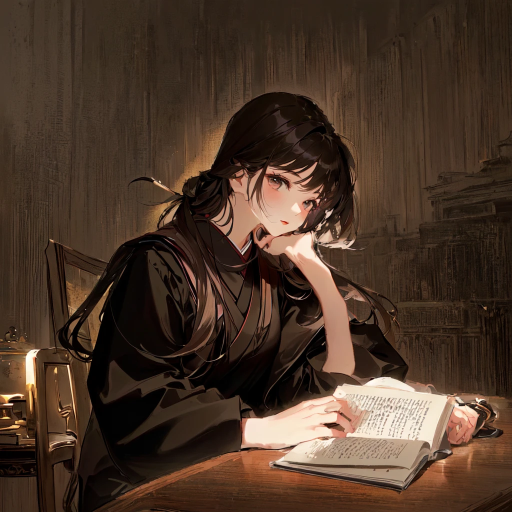 there is a woman sitting at a table reading a book, reading a book, reading new book, book portrait, reading, sakimichan, korean girl, ulzzang, by Yang J, studying, student, studious chiaroscuro, trying to read, infp girl, 🤤 girl portrait, by Li Song, by Mei Qing