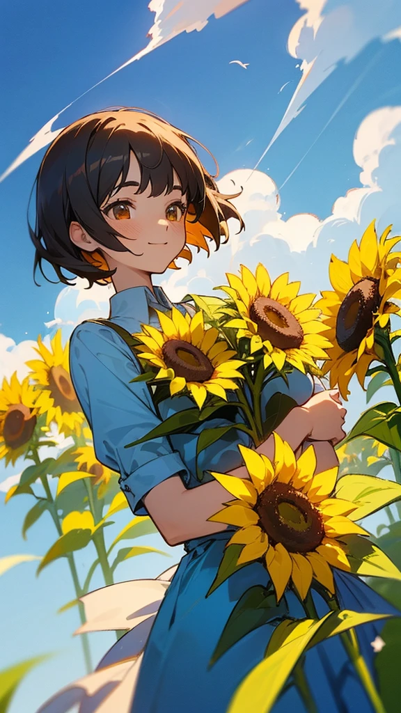  master piece, best quality, for below, cinematic angle, upper body , pigeon toed,  
Anime-style Moe illustration, summer vacation theme, 20-year-old 4womans holding a bouquet of sunflowers, short hair, country dress, slightly inner thighs, smile, accurate drawing, Active pose,