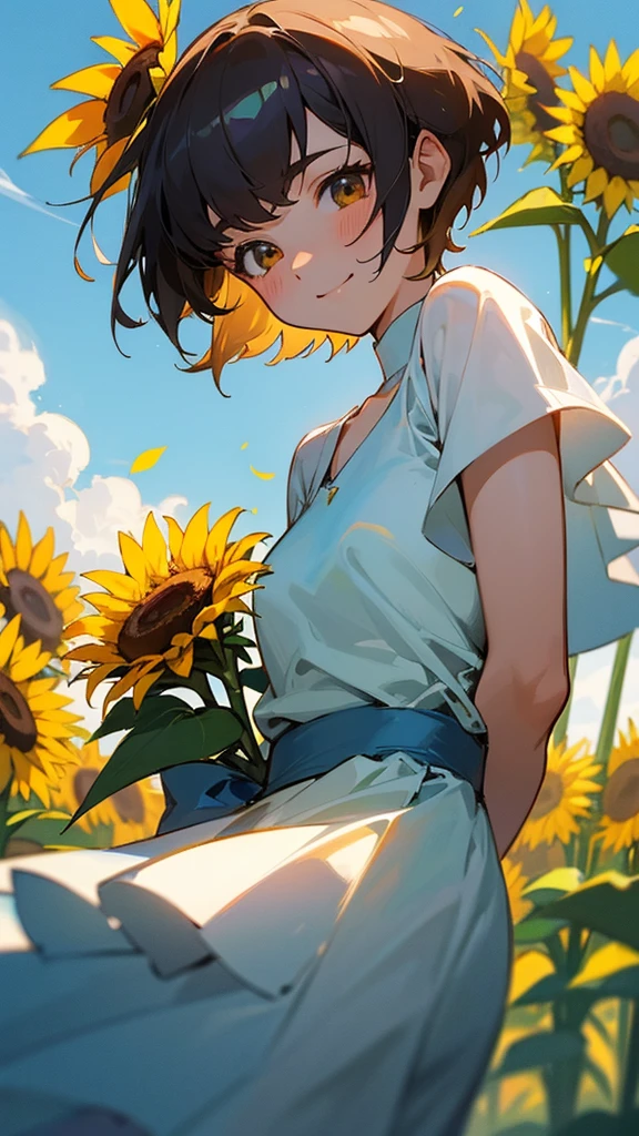 master piece, best quality, for below, cinematic angle, upper body , pigeon toed,
Anime-style Moe illustration, summer vacation theme, 20-year-old 4womans holding a bouquet of sunflowers, short hair, country dress, slightly inner thighs, smile, accurate drawing, Active pose,