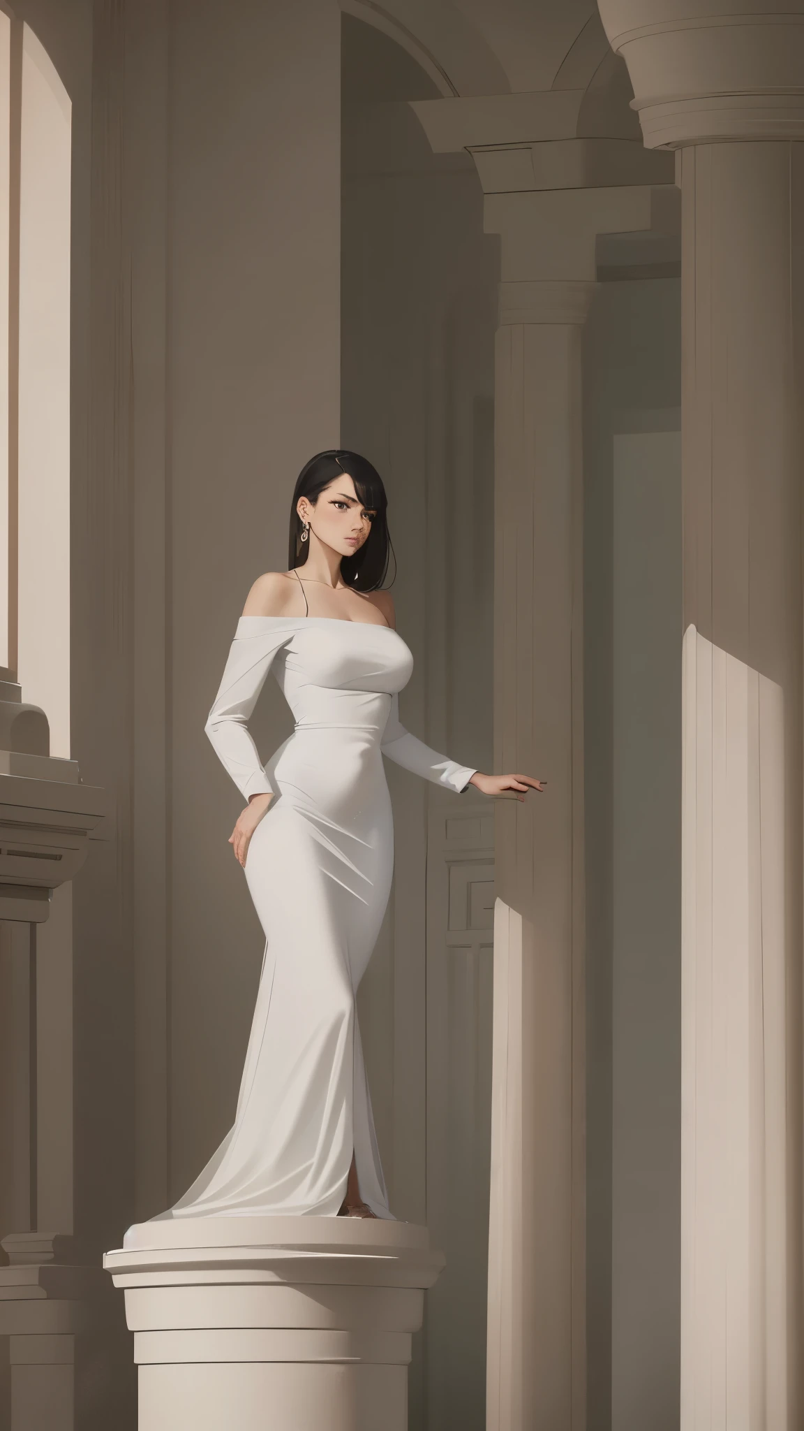 a woman in a bodycon dress with a high neckline and long sleeves, leaning against a marble column, 