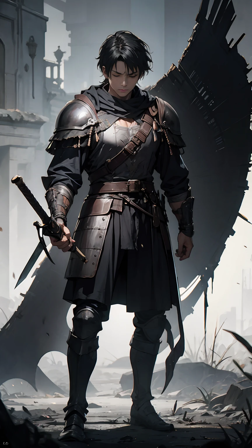 masterpiece, best quality, highly detailed, guts \(berserk\), 1boy, armor, bandages, black hair, cape, huge weapon, male focus, manly, multicolored hair, one eye closed, scar, solo, sword, weapon, white-- hair, standing, masculinity, best quality, ultra detailed, gorgeous eyes, detailed eyes, detailed hair, realistic, blur background. low contrast, dark souls, soul-like atmosphere