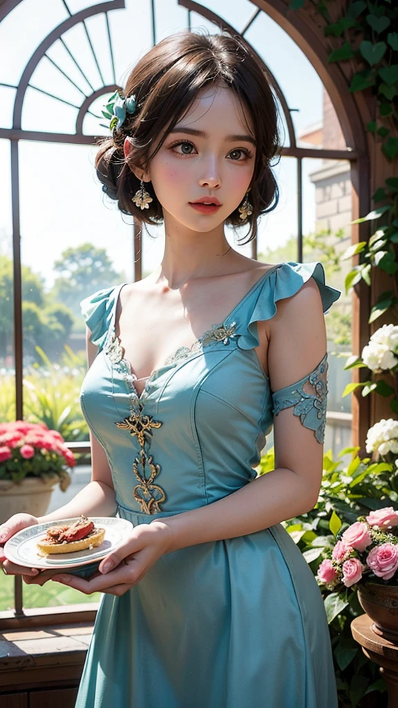 A delicate miniature girl-like big figure, fashioned from colorful glass, twirling on an intricately painted porcelain plate, set in a quaint, fairy-tale garden with vibrant flowers and ivy- covered walls. The plate's ornate designs add a touch of elegance, while the garden blooms in a riot of colors, illuminated by soft, dappled sunlight. The figure's pose exudes grace and enchantment, with reflections of light playing off the glass to create a mesmerizing effect. Created Using: fairy-tale aesthetics, close-up photography, vibrant color palette, soft focus, detailed craftsmanship, hd quality, natural look -ar 16:9 -
