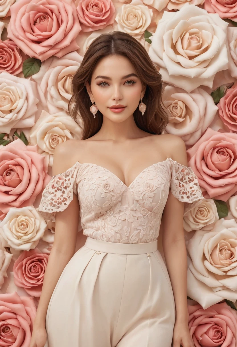 Feminine, high detail and quality, 8K Ultra HD, 3D, beautiful woman, plump, night, mysterious rose, fashion magazine cover, seamless pattern, neutral pastel colors, mysterious off-white world, fabric art, art station, (a large number of detailed designs in pastel style that combine magic and fantasy), splashes, wallpaper design aesthetics, white tones, realistic, super realistic, full color and impressive.