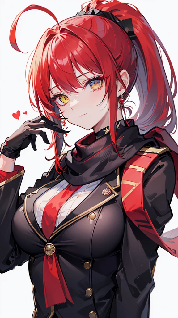 Face Focus , ((Highest quality)), ((Tabletop)), Perfect Face, Official Art,,Beautiful Face,Earrings,((((Crimson hair)))),heterochromia , ((right yellow eye)) , ((left blue eye)),(((Odd Eye))),Textured skin, Ultra high definition, Very detailed, ((((Blazer Uniform)))), ((((Close-up)))),((((One girl)))), Gauze, Simple Background, earrings,Wet Hair, ((((((Face-up)))))),bangs,((((solo)))), Close your mouth, Bangs between the eyes, choker,first round,((((ponytail)))),smile,Ahoge Sideburns, (((Red scarf))),((((black gloves)))),(big breast),手をこちらに振る,heart effect,ハートの瞳,bye-bye