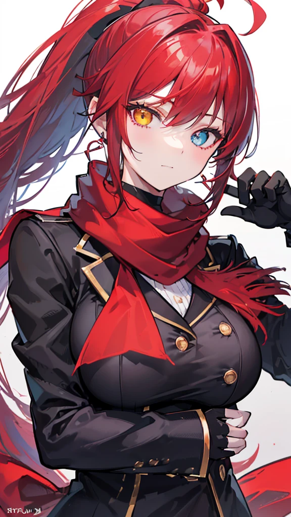 Face Focus , ((Highest quality)), ((Tabletop)), Perfect Face, Official Art,,Beautiful Face,Earrings,((((Crimson hair)))),heterochromia , ((right yellow eye)) , ((left blue eye)),(((Odd Eye))),Textured skin, Ultra high definition, Very detailed, ((((Blazer Uniform)))), ((((Close-up)))),((((One girl)))), Gauze, Simple Background, earrings,Wet Hair, ((((((Face-up)))))),bangs,((((solo)))), Close your mouth, Bangs between the eyes, choker,first round,((((ponytail)))),smile,Ahoge Sideburns, (((Red scarf))),((((black gloves)))),(big breast),手をこちらに振る,heart effect,ハートの瞳,bye-bye