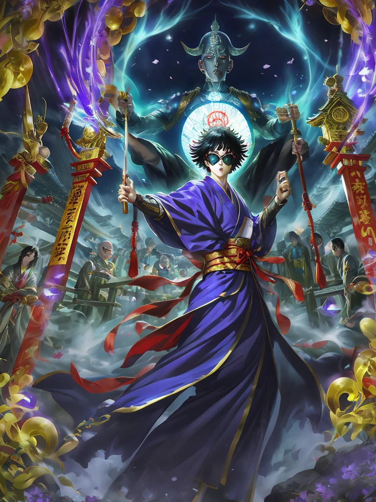Japanese monk、Small、Round sunglasses、Equip a ritual item、Hero of Justice、One Punch Man、Black Legal Uniform、exorcist、Japanese Temples、strongest、Detailed Background, 8k hd,